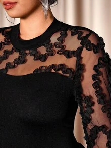 Elenzga Christmas Embrace Your Inner Shadow | Dark Feminine Fashion (Wednesday Aesthetic) Plus Size Fashionable Stand Collar Long Sleeve Elastic Knit Mesh Patchwork Luxurious Elegant Sexy Party Blouse, Slimming - Black - View 2