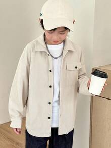 SHEIN Tween Boy 纹理面料韩版休闲宽松翻领口袋衬衫，适合秋冬休闲、运动、学校、派对场合 - 杏色 - 查看 3