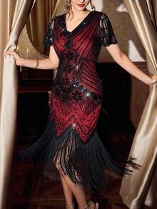 Vintamour 复古优雅女式优雅亮片流苏下摆连衣裙 女式冬装 女式冬装 女式秋装 女式秋装 女式秋装 秋装 女式万圣节服装 女式万圣节服装 圣诞女装 女式圣诞服装 女式圣诞装 圣诞派对礼服 女式优雅连衣裙 女式优雅连衣裙 派对优雅连衣裙 亮片连衣裙 闪亮连衣裙 - 紅色和黑色 - 查看 1