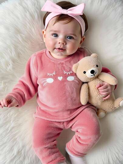 SHEIN 2-Pack Newbornl Casual Simple And Cute Belt Grab Double-Faced Velvet Material And Cute Expression Pattern Round Neck Solid Pink Sweatshirt And Trousers Set Suitable For Birthday Parties, Evening Parties, Performances, Weddings, Baptisms, Opening Ceremonies, Suitable For Daily Use, Suitable For Outing, Suitable For Travel, Suitable For Autumn And Winter Cute Toddler Sets Toddler Fleece Set Baby Girl Warm Sets Baby Fleece Pajamas Baby Two Piece Set Fall