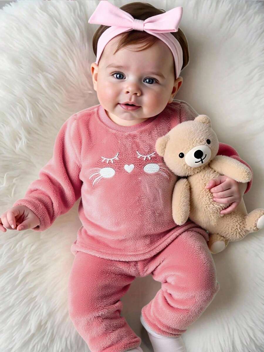 SHEIN 2件装 新生儿 休闲简约可爱 腰带抓绒双面绒材质 可爱表情图案 圆领纯粉色卫衣长裤套装 适合生日派对 晚会 演出 婚礼 洗礼 开幕式 适合日常 适合外出 适合旅行 适合秋冬 - 粉色 - 查看 1