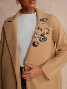 Lyxana Metal Collar Decor + Robe Style Woolen Coat Brown Coat - Mocha Brown - View 1