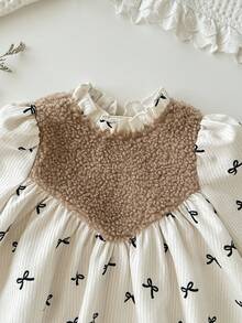 Cozy Pixies Baby Girl Butterfly Pattern Patchwork Fleece Contrast Color Ruffle Collar Long Sleeve Dress Fall Winter