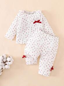 SHEIN Neugeborenen Soft & Komfortabel Rundhals Schleife Dekor Langarm Oberteil und Hose Set, Herbst/Winter