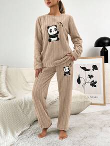 SHEIN Cottnline Women's Panda Embroidered Top And Pants Pajama Set - Camel - View 3