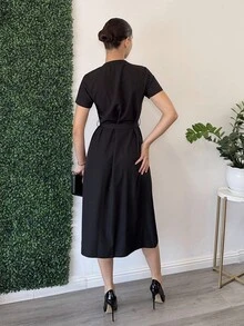Andrea Bello Women's Solid Color Short Sleeve Single-Breasted Casual Commuting Mid-Length Dress - Black - View 2