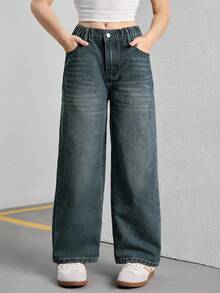 بنطلون جينز فضفاض عتيق بساق واسعة للفتيات المراهقات StreetCool، بنطلون جينز مستقيم الساق عادي - ازرق مخضر - مشاهدة 3