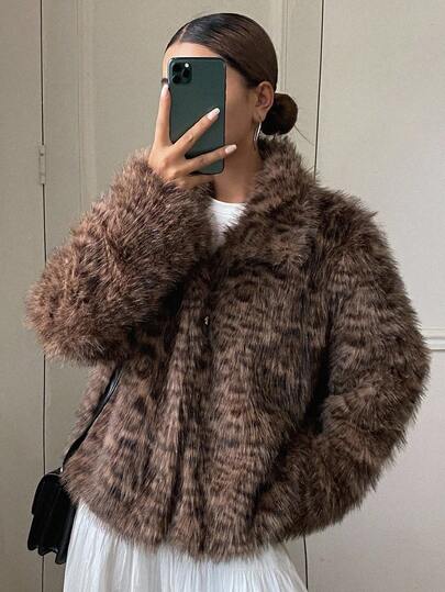 Livesso 女士仿毛皮休闲商务外套，宽松版型，时尚百搭，适合办公室穿着，棕色，秋冬女式外套