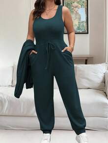 Vionelle 大码休闲纯色连体裤两件套 - 深色水洗藍 - 查看 9