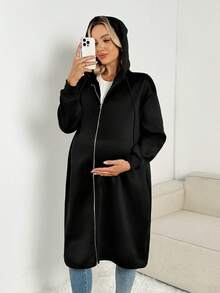 SHEIN Maternity Solid Color Long Sleeve Zip Up Hooded Jacket,Casual Autumn Pregnant Clothes For Women,Office Fall Winter Drop Shoulder Drawstring Coat - Apricot - View 5