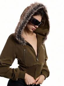 LYSMO 2025新款极简主义冬季休闲时尚街头拉链插肩袖人造毛皮连帽宽下摆短款外套，秋季女士短款连帽衫，短款拉链连帽外套，女士短款夹克，冬季新年造型和圣诞节街头服饰，以及斯德哥尔摩风格 - 橄欖綠 - 查看 3