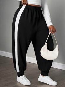 SHEIN PETITE CURVE Jogginghose mit Kontrastnaht an der Seite, Abschluss, Lehrer, Rückkehr zur Schule, bequeme Hose Jogger in Große Größen, Gummibund, Farbblock, schwarze Hose, Lässig, Frühling - Schwarz - Übersicht 6