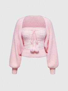 ROMWE Kawaii 2pcs/Set Autumn/Winter Versatile White Aesthetic Sweet Girl Tube Top & Lantern Sleeve Sweater - Pink - View 1