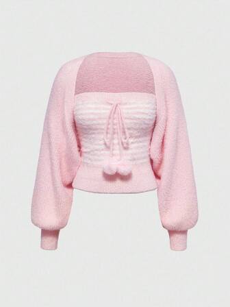 Kawaii 2pcs/Set Autumn/Winter Versatile White Aesthetic Sweet Girl Tube Top & Lantern Sleeve Sweater