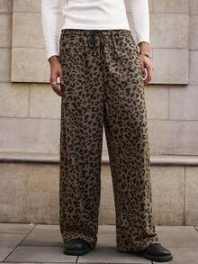 SWAVVY Men's Casual Fashion Street Corduroy Leopard Print Drawstring Waist Loose Wide Leg Pants, Fall/Winter
