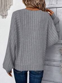 EMERY ROSE Apricot Fuzzy Ribbed Women Long Sleeve Sweatshirt,Fall - Grey - View 2