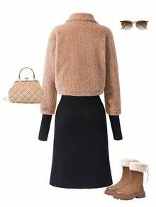 Girls Autumn/Winter Elegant 2 Pieces Set: Faux Lamb Wool Collar Short Jacket And Turtleneck Fitted Knit Dress - Black - View 4