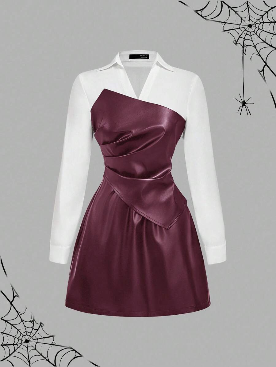 SHEIN MOD Women's Casual Long Sleeve PU Leather Patchwork Mini Dress, Autumn Christmas Party Dress Collared Dress Wine Dress Elegant Dress,Autumn/Winter,Halloween Clothes, Christmas Women's Clothing ,New Year Women's Clothes,Thanksgiving, - Burgundy - View 1
