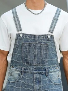 Manfinity Homme 男士休闲钩针多口袋牛仔背带裤，街头风格 - 淺色水洗藍 - 查看 6