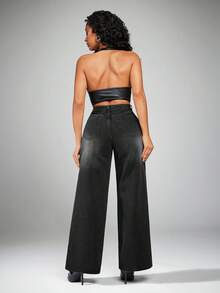 Radiana 女士宽松直筒蓝色牛仔裤、阔腿女裤、宽松女裤、女士牛仔裤 - 黑色 - 查看 2