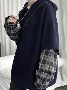 Claim Dot Loose Fit Men Plaid Patched Sleeve Drop Shoulder Drawstring Hoodie, Navy Blue Dark Academia Grunge Hoodie, Fall Navy Blue - Navy Blue - View 1