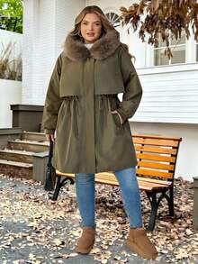 SHEIN CURVE+ Plus Size Women Casual Army Green Winter Parka,Hiking Long Padded Coat With Fur Hood,Lined,Drawstring Waist,Pockets,Ribbed Cuffs,Winter Jacket,8xl - Army Green - View 8