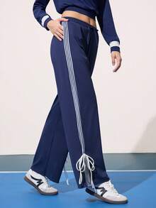 CourtClass Women's Drawstring Waist Side Stripe Pocket Loose Fit Sports Pants - Navy Blue - View 5