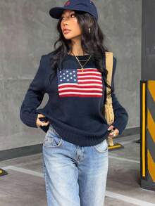 SHEIN EZwear 女士新款畅销秋冬圆领毛衣国旗提花，适合日常穿着 - 藏蓝色 - 查看 5