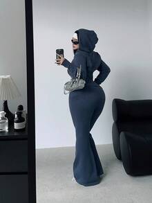 POPSWAY Plus Size Women Fitted Hooded Zip-Up Cardigan And Flared Pants Knit Suit, Versatile For Autumn/Winter - Dark Grey - View 2