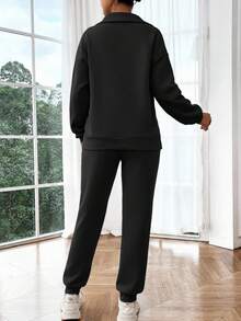 SHEIN 2 Stücke Umstandsmode Lässig einfarbiger Halb-Reißverschluss Stillpullover und Jogginghose Set, vielseitig für den täglichen Weg zur Arbeit - Schwarz - Übersicht 2
