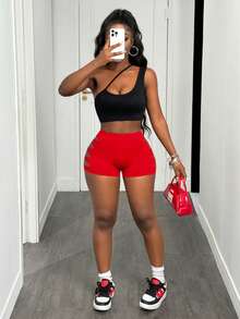 Slaydiva 1pc Women Ripped Backline V-Neck Ultra Short Running Shorts For Workout Workout Short - Red - View 6