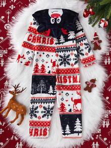 Young Boy Cute Deer Ear Hooded Jumpsuit, Navy Blue & Red, Plush Fabric, Ideal For Christmas, Winter Family Gathering Fall - Red - View 2