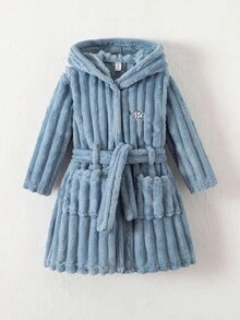 小男孩简约纯色浅蓝色毛绒长袍，带大象刺绣，长袖，连帽，系腰家居服 - 淺藍色 - 查看 3