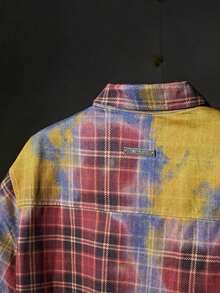 NEON BLANC Men's Y2K Casual Fashion Street Rhinestone Tie-Dye Plaid Print Short Sleeve Denim Shirt, Summer - Red - View 5