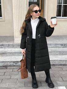 SHEIN 青少年女孩简约舒适百搭宽松纯色高领口袋抽绳腰部可调节连帽绗缝长款棉衣 - 黑色 - 查看 8