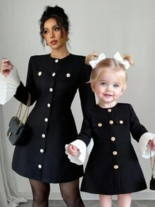 Baby Girl Cute Metal Buckle Color Block Bell Sleeve Long Dress, Autumn/Winter Fall