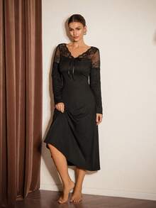 Slumberist 1pc Women Lace Patchwork Long Sleeve Fitted Nightgown With Tie Decoration, Winter - Black - View 2