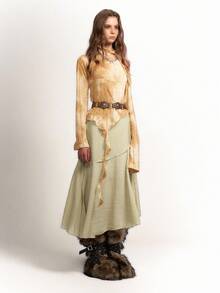 Bloopia 复古波西米亚风休闲个性简约女装秋冬万圣节波浪纹理不对称下摆修身半身裙 - 卡其色 - 查看 3