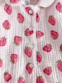 SHEIN 2pcs Newborn Baby Girls' Cute Strawberry Long Sleeve Top Pants Pajama Set Casual Kawaii Sleepwear Autumn Light Pink Clothes Lounge Night - Baby Pink - View 4