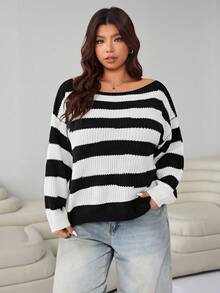 SHEIN EZwear 休闲棉质圆领不对称条纹毛衣，黑白 - 黑與白 - 查看 3