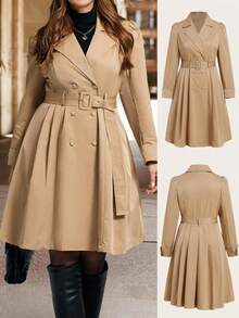 SHEIN Clasi Elegancka sukienka w dużym rozmiarze z wiązaniem w talii i bufiastymi rękawami, wiatrówka w kolorze khaki z kieszeniami - Kolor khaki - Zobacz 8