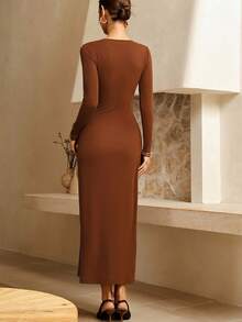Lymera Women's Brown Elegant Front Button Long Sleeve High Split Dress, Mature Chic Style Autumn/Fall Winter Women New Year Christmas Going Out Party Commuting Occasion - Coffee Brown - View 3