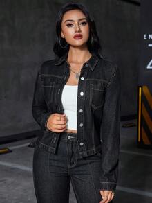SHEIN 女士时尚休闲牛仔夹克 - 黑色 - 查看 1