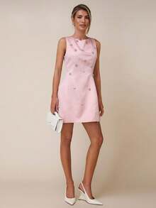 COSMINA Women's Elegant Rhinestone Floral Waist Fitted Mini Dress, Suitable For Banquet, Wedding Guest Rhinestone Embellished Dress - Dusty Pink - View 3