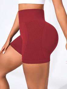 Easithlete 女式扎染瑜伽短裤，高腰提臀运动短裤 - 酒紅色 - 查看 3