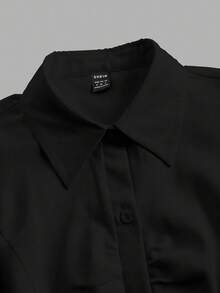 Xyvia Solid Ruched Button Front Shirt - Black - View 5