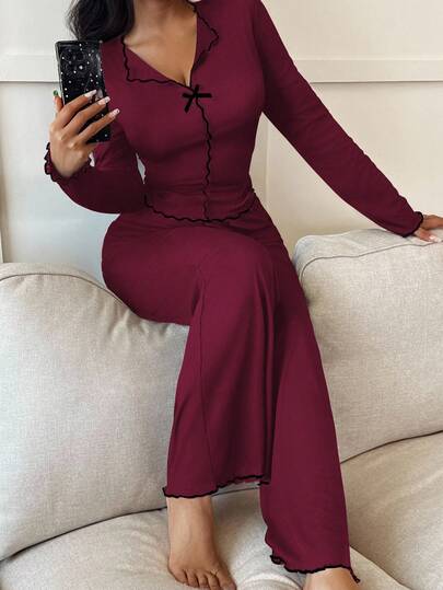 Zwart Rood Contrast Slim Fit Long Sleeve Top Pants Pajama Set, Fall Clothes, Cozy Outfit