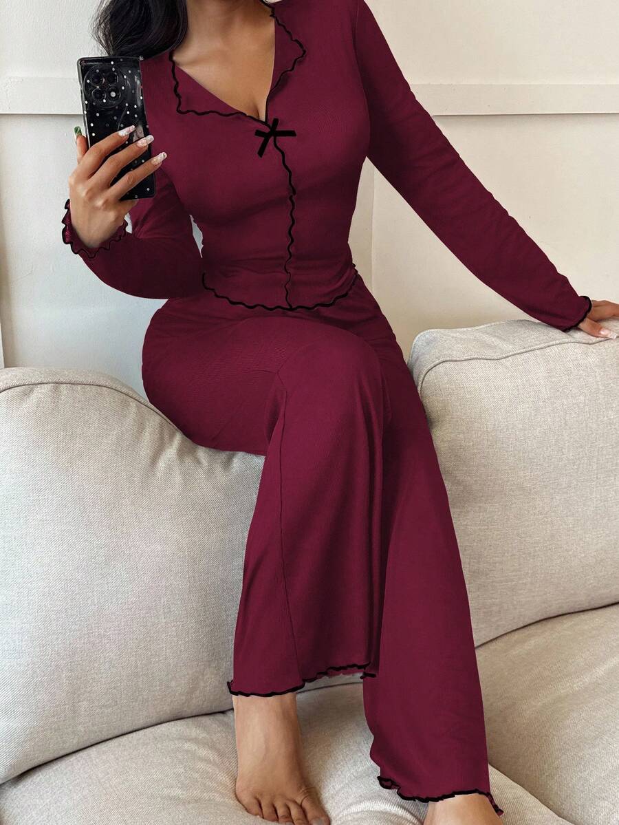 SHEIN Women's Black & Red Contrast Trim Slim Fit Long Sleeve Top & Pants Pajama Set, Autumn/Winter, Fall Clothes, Cozy Outfit - Burgundy - View 1