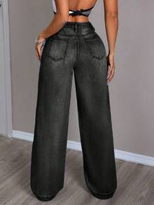 SHEIN PETITE Quần jeans ống đứng cổ điển, giặt thường ngày, lót nhiệt - màu đen - Xem 2