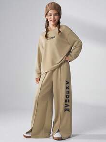 JNSQ Tween Girls 2pcs Set, Autumn Loose Fit Crew Neck Long Sleeve Sweatshirt Paired With Loose Straight Leg Sweatpants, Suitable For Autumn, Winter Daily Wear, Outdoor Activities, Vacation, Streetwear, Party And Casual - Coffee Brown - View 1